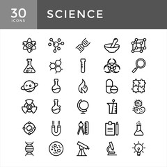 Set vector line icons, sign and symbols science with elements for mobile concepts and web apps, set of atom line Flask, Energy, Atom, Radioactive, Positive ion, Molecule, Physics, Proteins