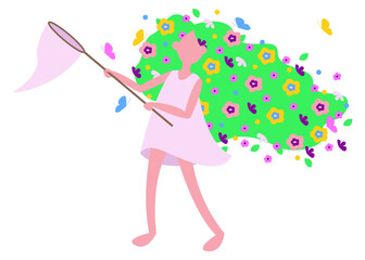 Vector graphics - a little barefoot girl in a light dress with a net in her hands with flying green hair and scattering colorful flowers and flying butterflies. Concert - hello, summer