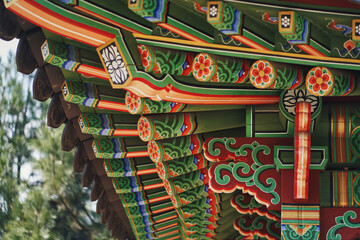 A gazebo with traditional Korean designs. Kiev Botanical Garden.
