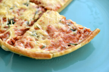 Cheap little pizza with cheese close-up on a plate