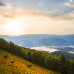 beautiful green mountain valley at the sunset, evening outdoor travel scene