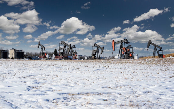 A Group Of Oil Pump Jacks Working On An Oil Field On The Alberta Prairies Supplying Natural Resources For The Canadian Oil And Gas Sector.