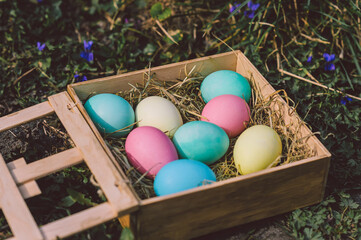 Eggs in a wooden box on a background of flowers and earth. Easter concept.