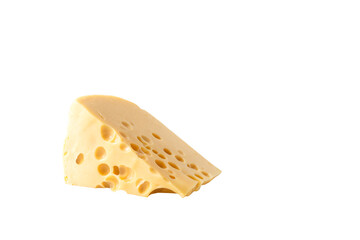 Triangular piece of cheese with holes on a white background