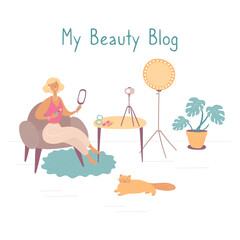 Beauty blogger. Young woman records video. Makeup artist reviews cosmetics on her blog. Influencer streams and does makeup. Artist tutorial. Hand drawn flat vector illustration in cartoon style