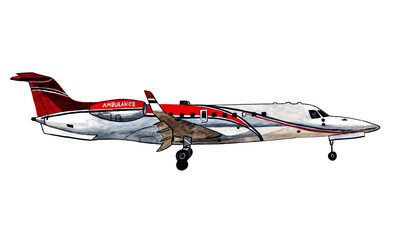 An ambulance plane isolated on a white background. Rescue plane, side view. Healthcare, hospital, and medical diagnostics. © Олеся Мирошкина