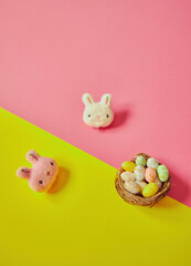 Easter eggs on the yellow -pink background. Happy Easter. Holiday concept. Focus on eggs.