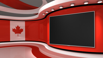 TV studio. Canada flag studio. Canada flag background. News studio. The perfect backdrop for any green screen or chroma key video or photo production. 3d render. 3d