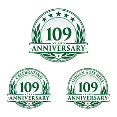 109 years anniversary logo set. 109th years anniversary celebration logotype. Vector and illustration.
