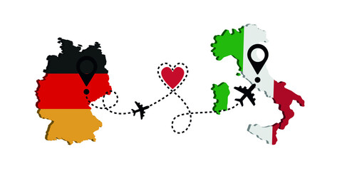 Travel from Germany to Italy by passenger plane. Airplane route. Freedom to travel. I love traveling by plane.