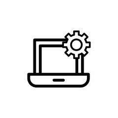 laptop settings icon. Laptop and gears icon. Technical support icon. Computer service. Gears on screen laptop. Isolated vector illustration in flat style.