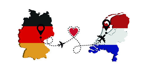 Obraz premium Travel from Germany to Netherlands by passenger plane. Airplane route. Freedom to travel. I love traveling by plane.