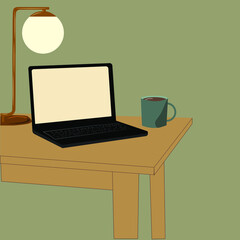 work place at home, laptop on the table with a cup of coffee and a table lamp. Minimalism 