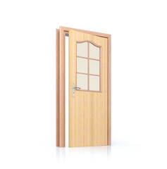 Open wooden door isolated on white backdrop. 3d illustration.