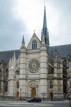 Architectural elements of the northern facade of the Gothic Cathedral of the Holy Cross in Orleans, France