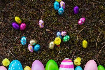 Fototapeta na wymiar Easter egg hunt! Top view of colorful easter eggs chocolates laying on the grass in the garden. Easter celebration.