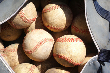Old dirty and used practice baseballs
