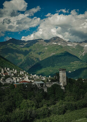 Fototapeta na wymiar A mountainous region and watchtower in Georgia.