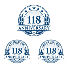118 years anniversary logo set. 118th years anniversary celebration logotype. Vector and illustration.
