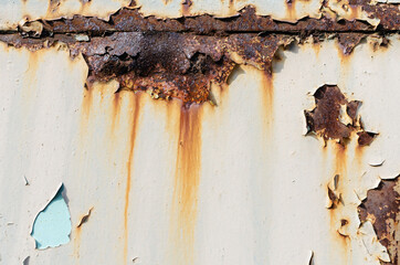 Rusted gray painted metal wall. Rusty metal background with streaks of rust