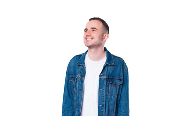 Portrait of young handsome man looking away and smiling wearing blue jeans coat