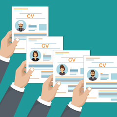 Hands holding CV papers. Human resources management concept, searching professional staff, analyzing resume papers, work. Flat vector illustration.