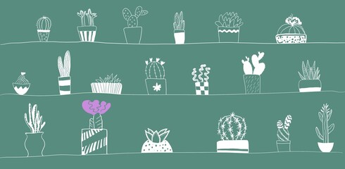 hand drawn pattern with white line cactus on shelves on green background, perfect as a botanical design element or print - 423445917