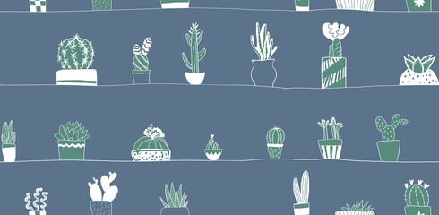 seamless hand drawn pattern with white line cactus on shelves on blue background, perfect for wrapping pattern or as design element - 423445957