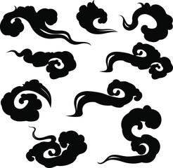 Asian cloudy set. Traditional chinese, korean and japanese clouds in oriental style. Set of sky elements. Vector collection isolated on white background.