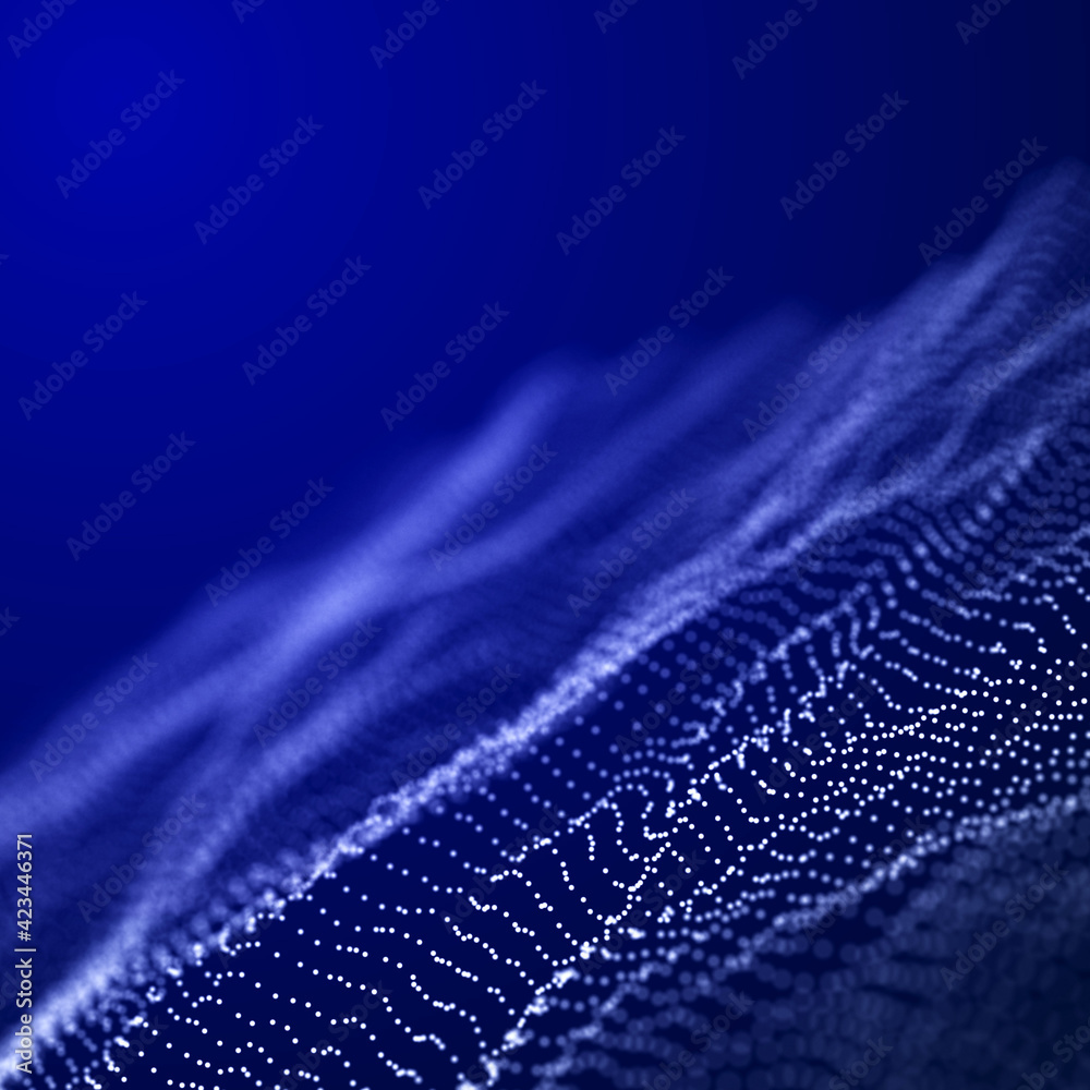 Poster Technological wave of points. Digital background. Great data visualization.. 3D rendering.