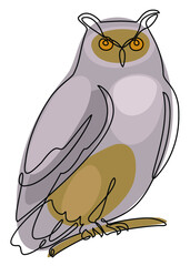 The owl is sitting on a branch. Bird in modern one line style. Solid line, outline for decor, posters, stickers, logo. Vector illustration.