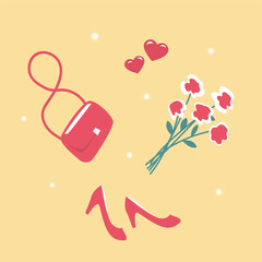 Romantic illustration of a set of female things. Ladies handbag, high heel shoes, a bouquet of flowers and hearts. Vector flat illustration