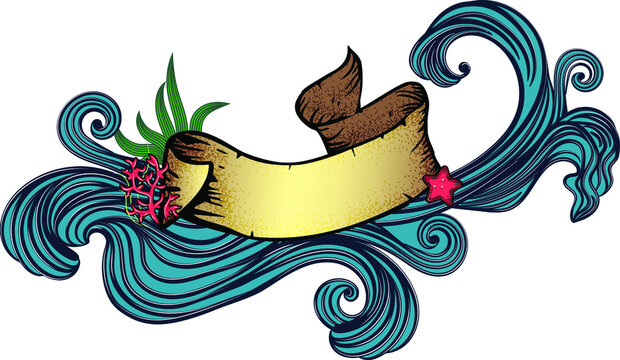 Beautiful summer banner template with ribbon, waves, plants and sea star. Vector illustration