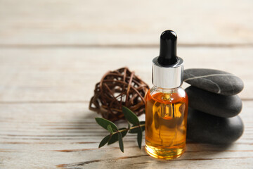 Composition with spa cosmetic on white wooden table, closeup. Space for text
