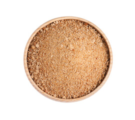 Fresh bread crumbs in wooden bowl isolated on white, top view