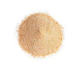 Pile of fresh bread crumbs isolated on white, top view
