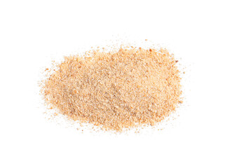 Pile of fresh bread crumbs isolated on white, top view