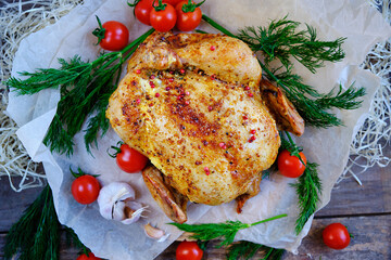 Stuffed cooked whole chicken served with spices, garlic, herbs and cherry tomatoes