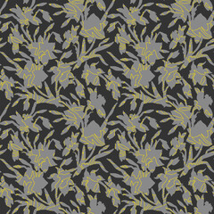 Monochrome seamless pattern with silhouettes of Narcissus flower drawn by hand on ultimate gray background. For home textile, fabric, men wear, wallpaper, bedding.