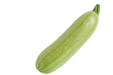 One green raw zucchini isolated on white background.