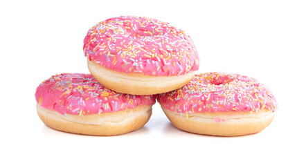Three pink donuts with small candies