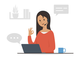 Customer Service woman In Flat Design Style. Online Support And Call Center Vector Illustration.