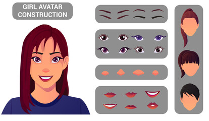 Woman Face Construction Pack for Avatar Creation. Female Avatar Build With Head and Hair Styles, Eyes, Nose, Mouth, Eyebrows. Premium Vector set