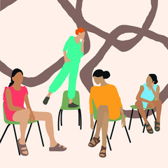 Woman sitting together, chatting girls, female empowerment movement vector concept, female faceless characters with hand drowning elements, expressive feminism message