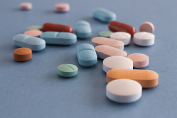 Colored pills. Legal drugs. Medications for humans.