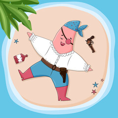 Child character starfish. A pirate is resting on a sea island.