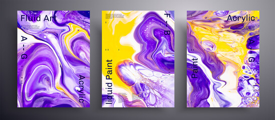 Abstract acrylic poster, fluid art vector texture pack. Artistic background that can be used for design cover, invitation, flyer and etc. Purple, yellow and white unusual creative surface template.