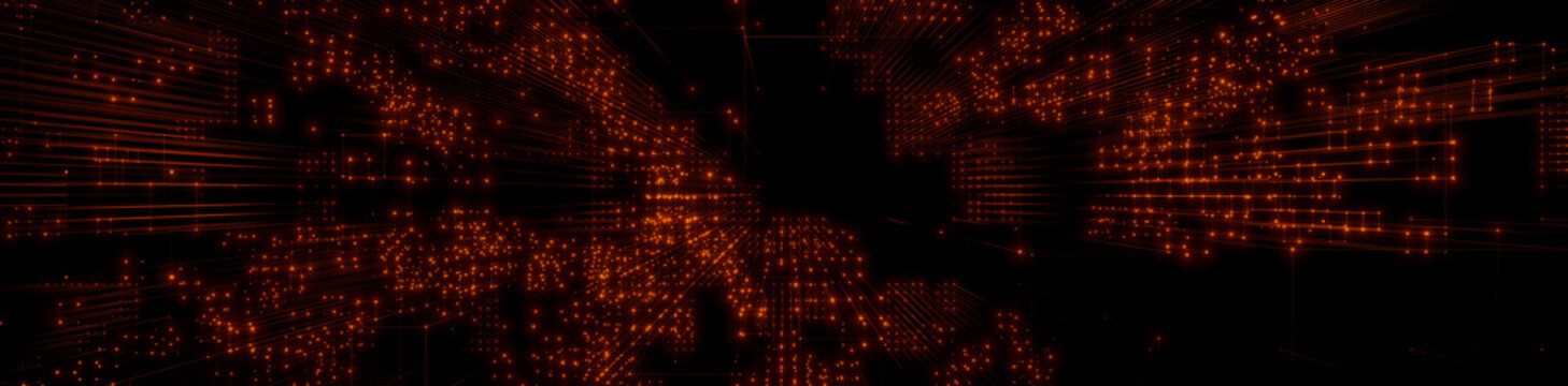 Futuristic, Orange Digital Grid background. Network Tech Wallpaper Banner. 3D Render 