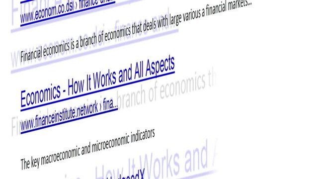 Internet search results for financial services and information with The links of imaginary no-existing websites move on display, close up.