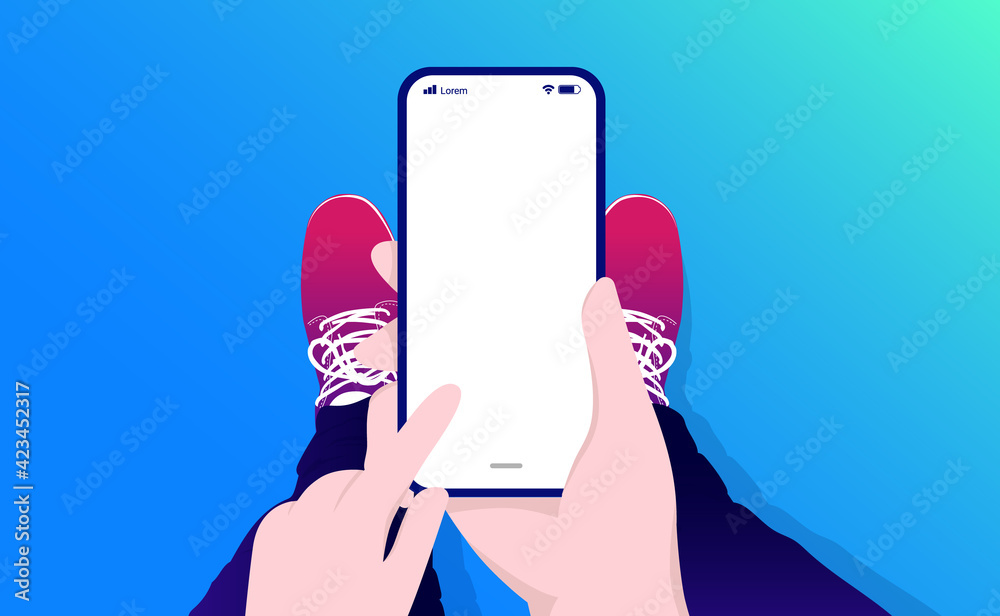 Poster looking down at smartphone - phone device with empty screen, with view from top down to feet. vector